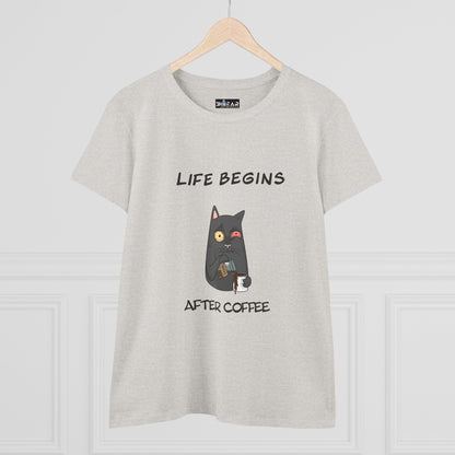 Coffee cat t-shirt for women with Life Begins After Coffee graphic and black cat holding a coffee cup