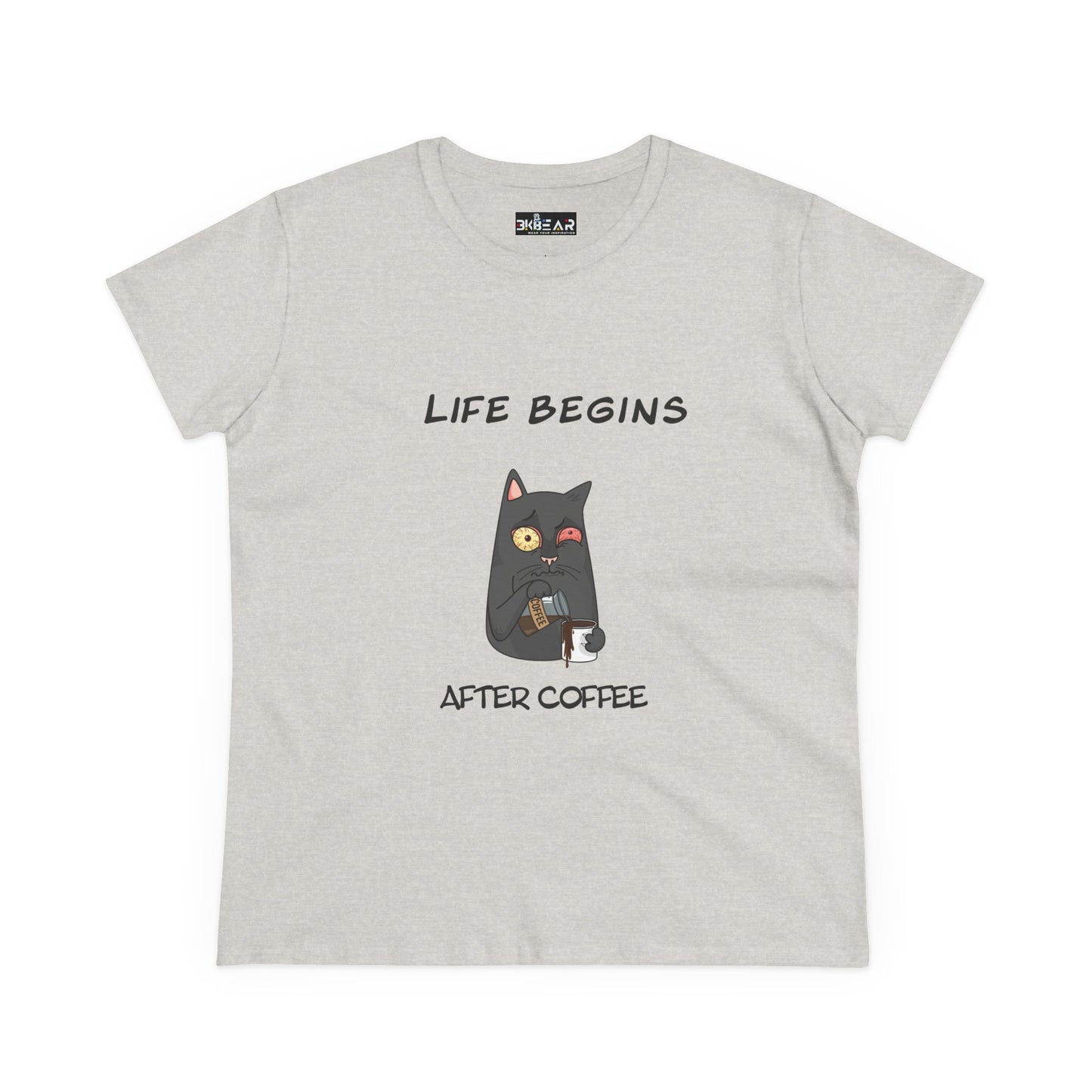 Printify coffee cat t-shirt for women with funny life begins after coffee design