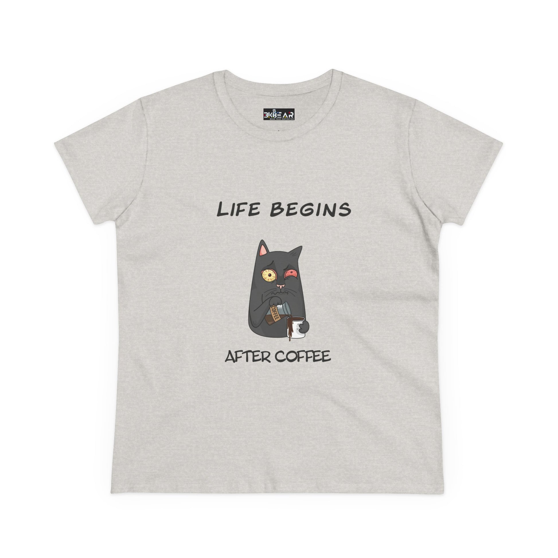 Printify coffee cat t-shirt for women with funny life begins after coffee design