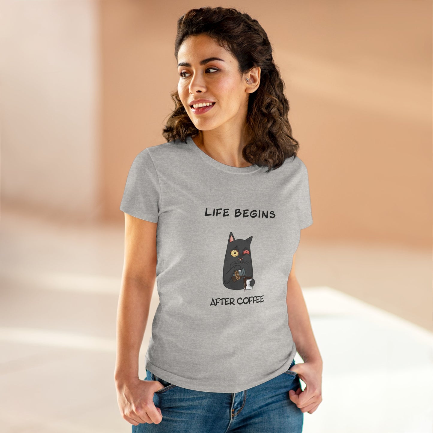 Coffee cat t-shirt for women in gray with black cat and coffee cup graphic and Life Begins After Coffee text