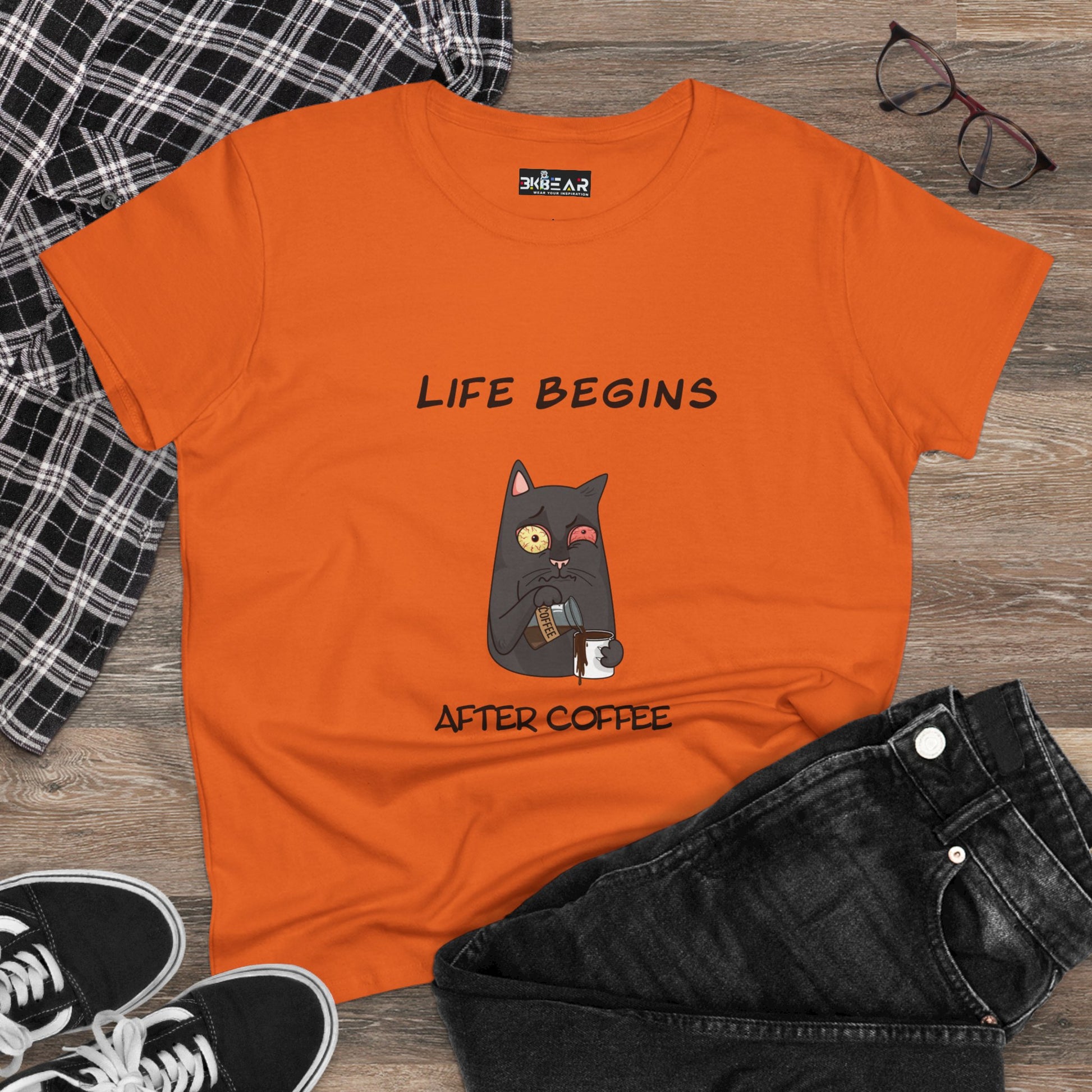 Orange coffee cat t-shirt for women with funny cat graphic and Life Begins After Coffee text