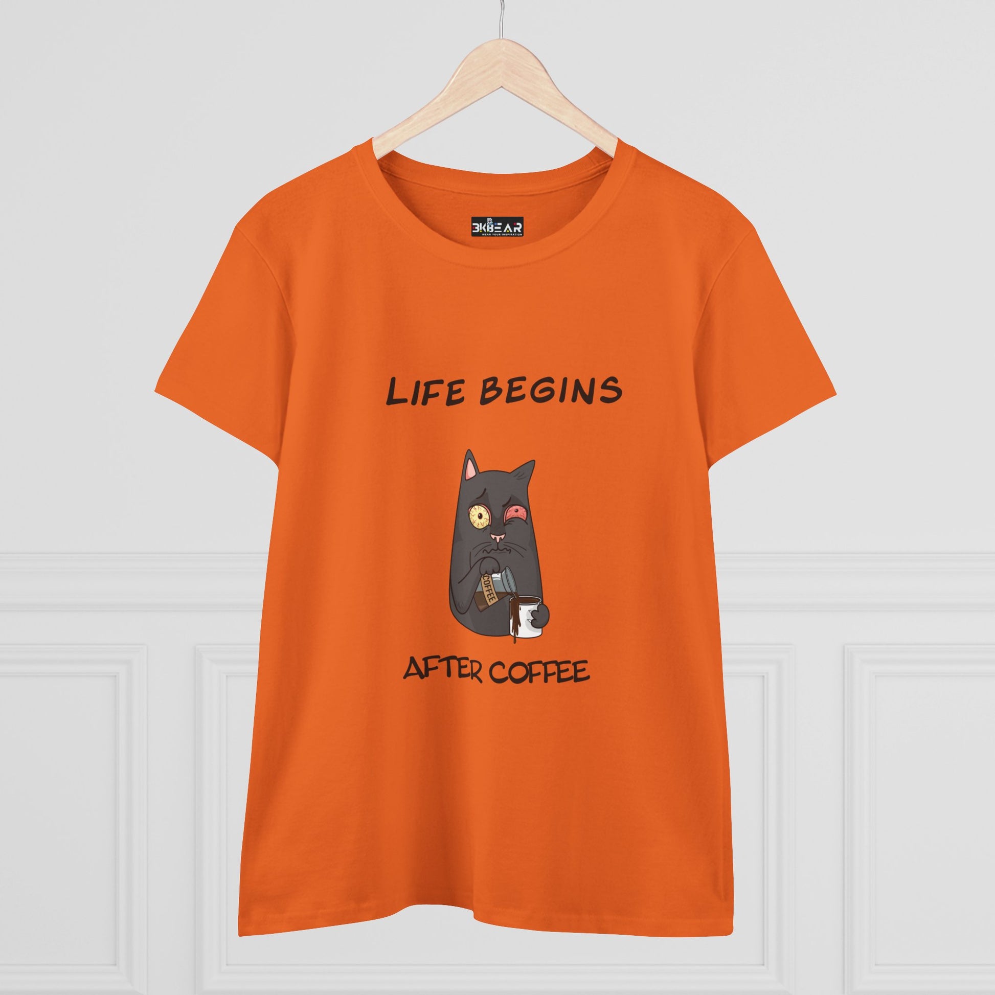 Orange coffee cat t-shirt for women with Life Begins After Coffee graphic design