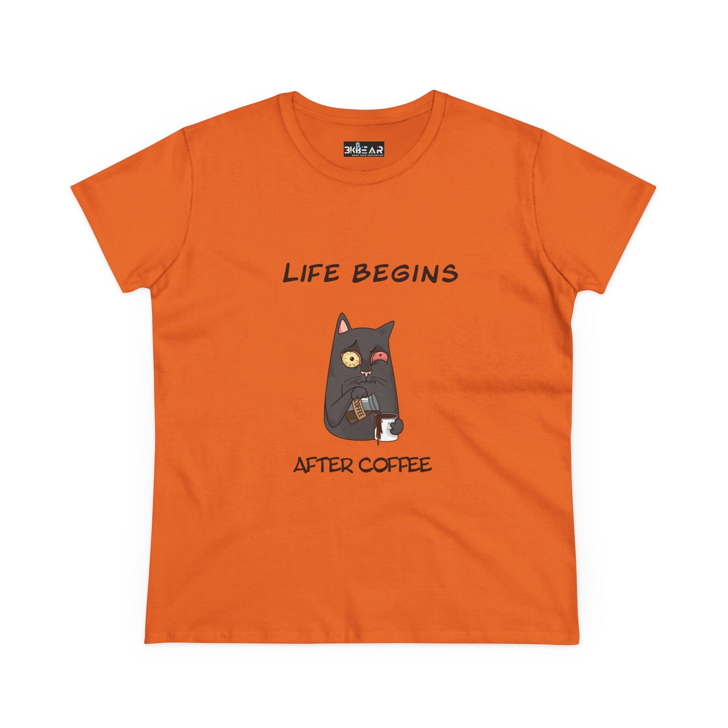 Orange coffee cat t-shirt for women with a cute cat holding a coffee cup and text Life Begins After Coffee