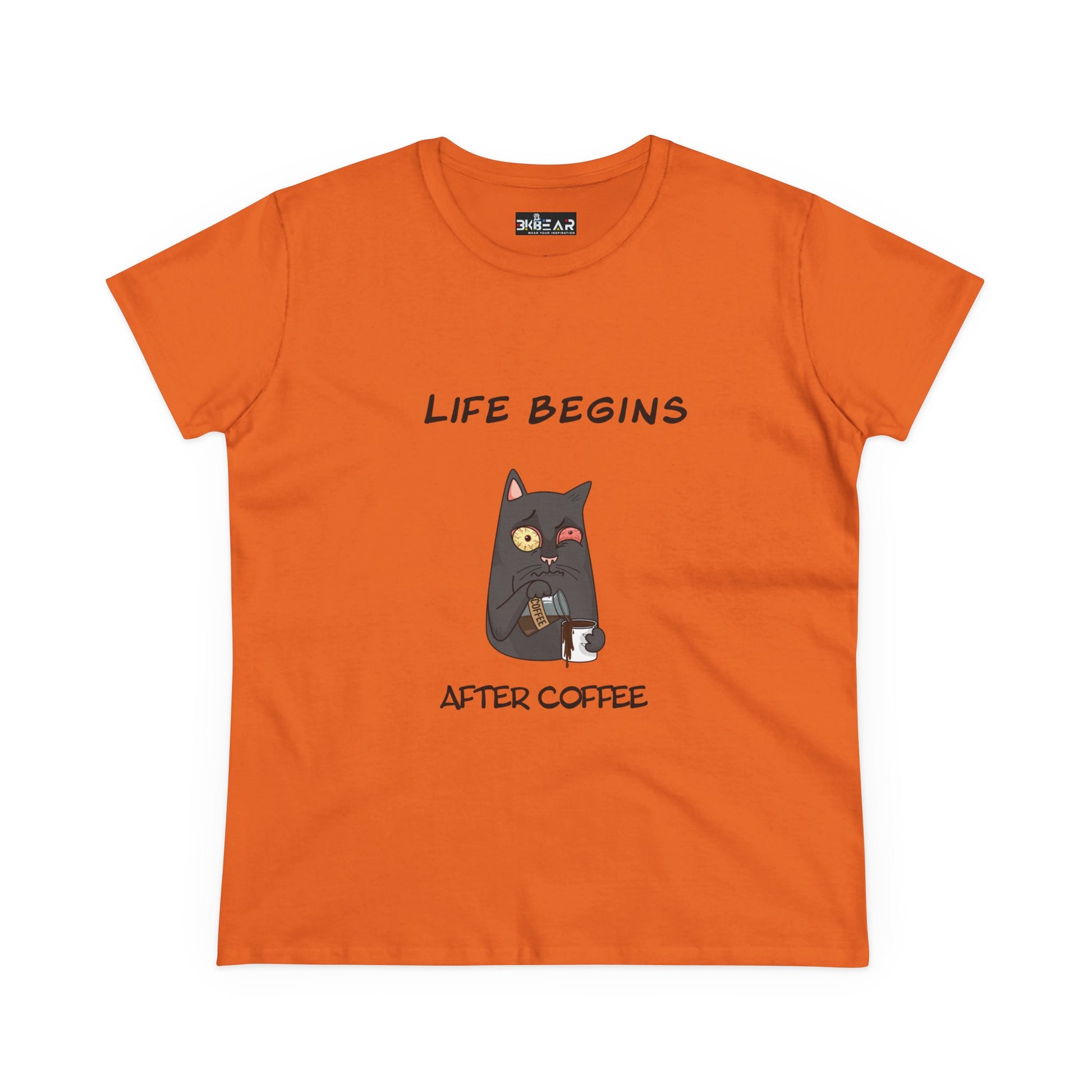 Orange coffee cat t-shirt for women with a cute cat holding a coffee cup and text Life Begins After Coffee