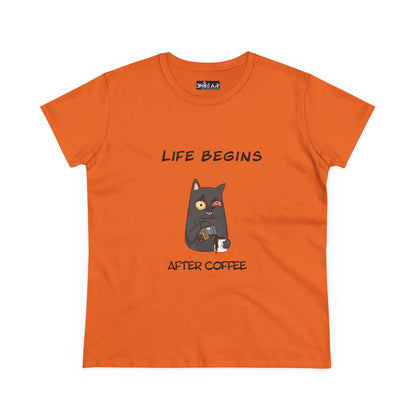 Orange coffee cat t-shirt for women with a cute cat holding a coffee cup and text Life Begins After Coffee
