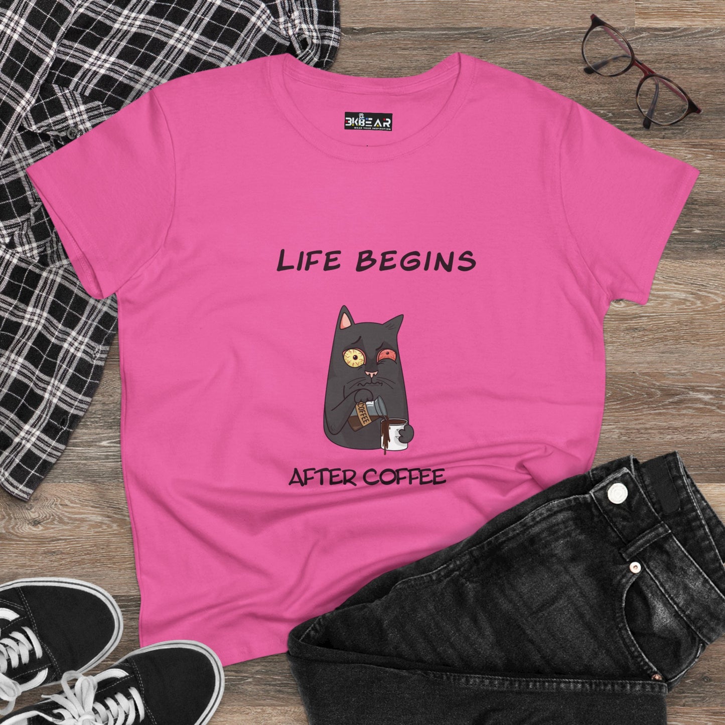 Pink coffee cat t-shirt for women with Life Begins After Coffee design by Printify