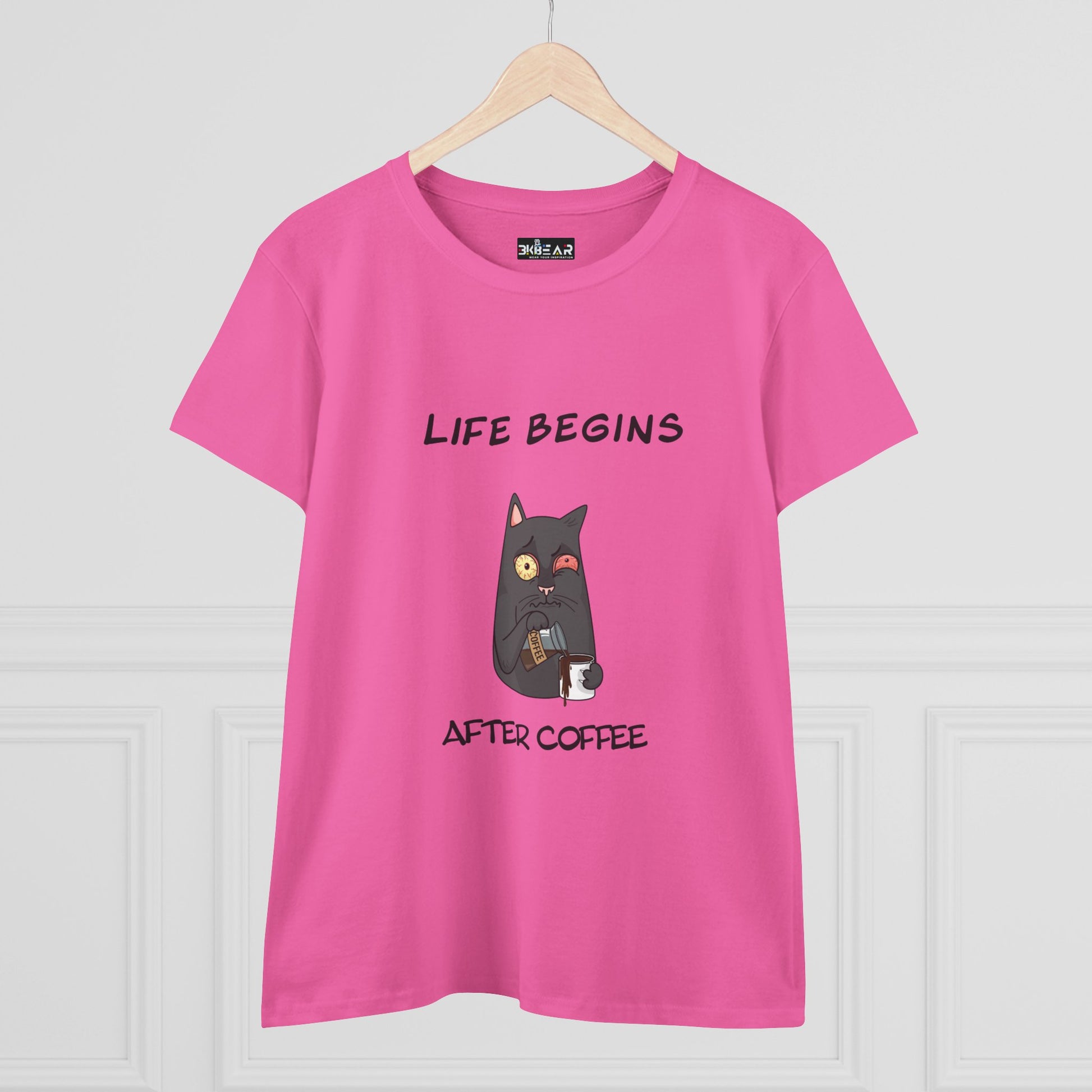 Pink coffee cat t-shirt for women with black cat drinking coffee and Life Begins After Coffee text