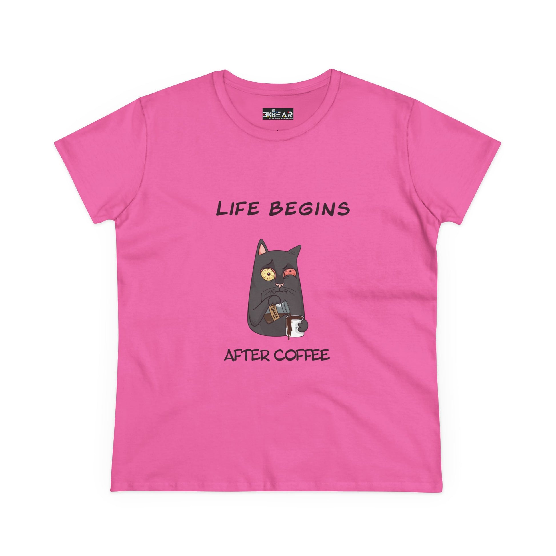 Pink coffee cat t-shirt for women with life begins after coffee cat graphic from Printify