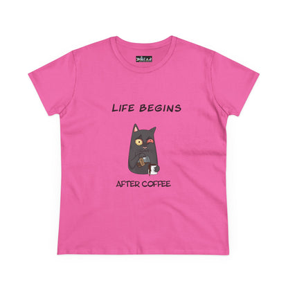 Pink coffee cat t-shirt for women with life begins after coffee cat graphic from Printify