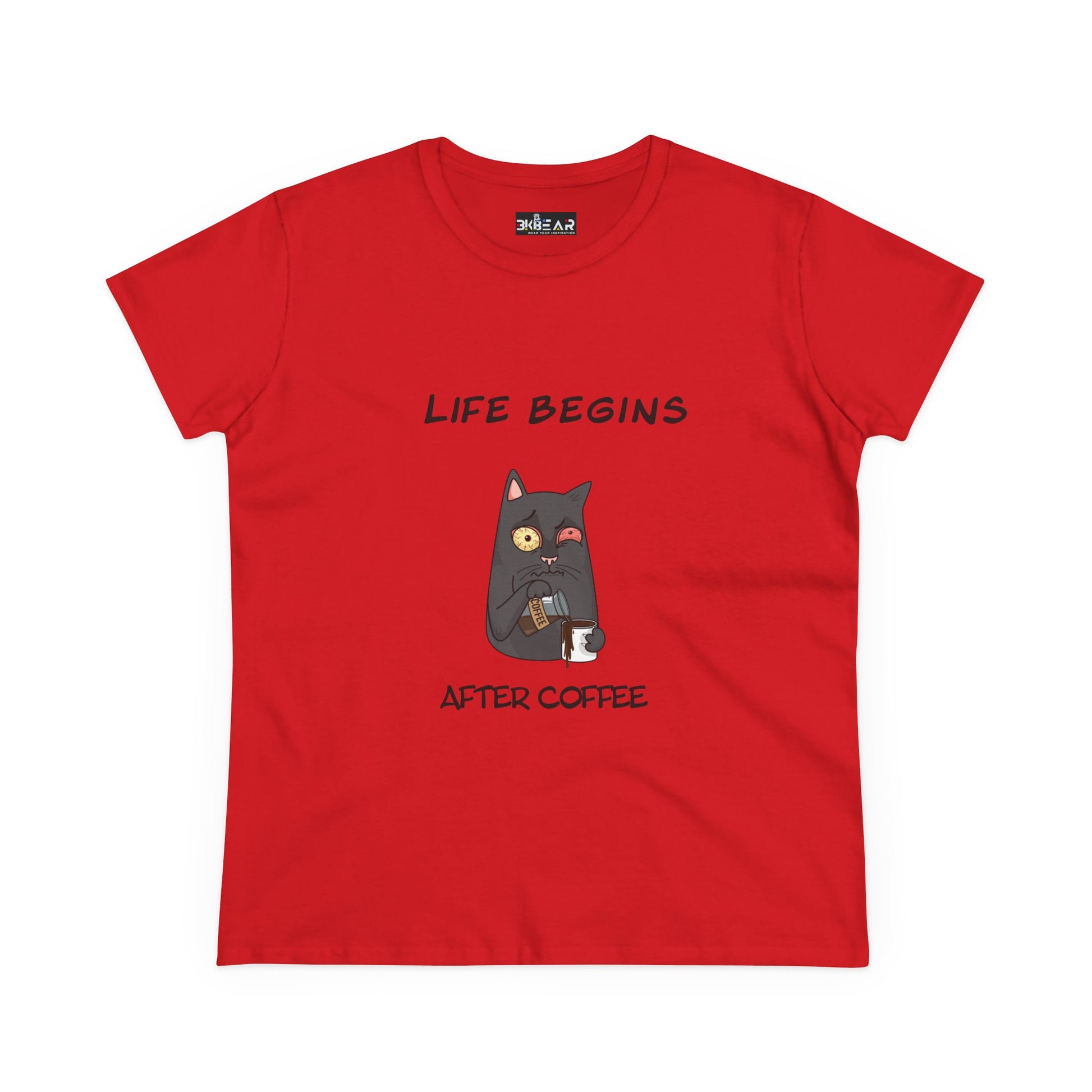 Red Printify coffee cat t-shirt for women with black cat and coffee cup graphic