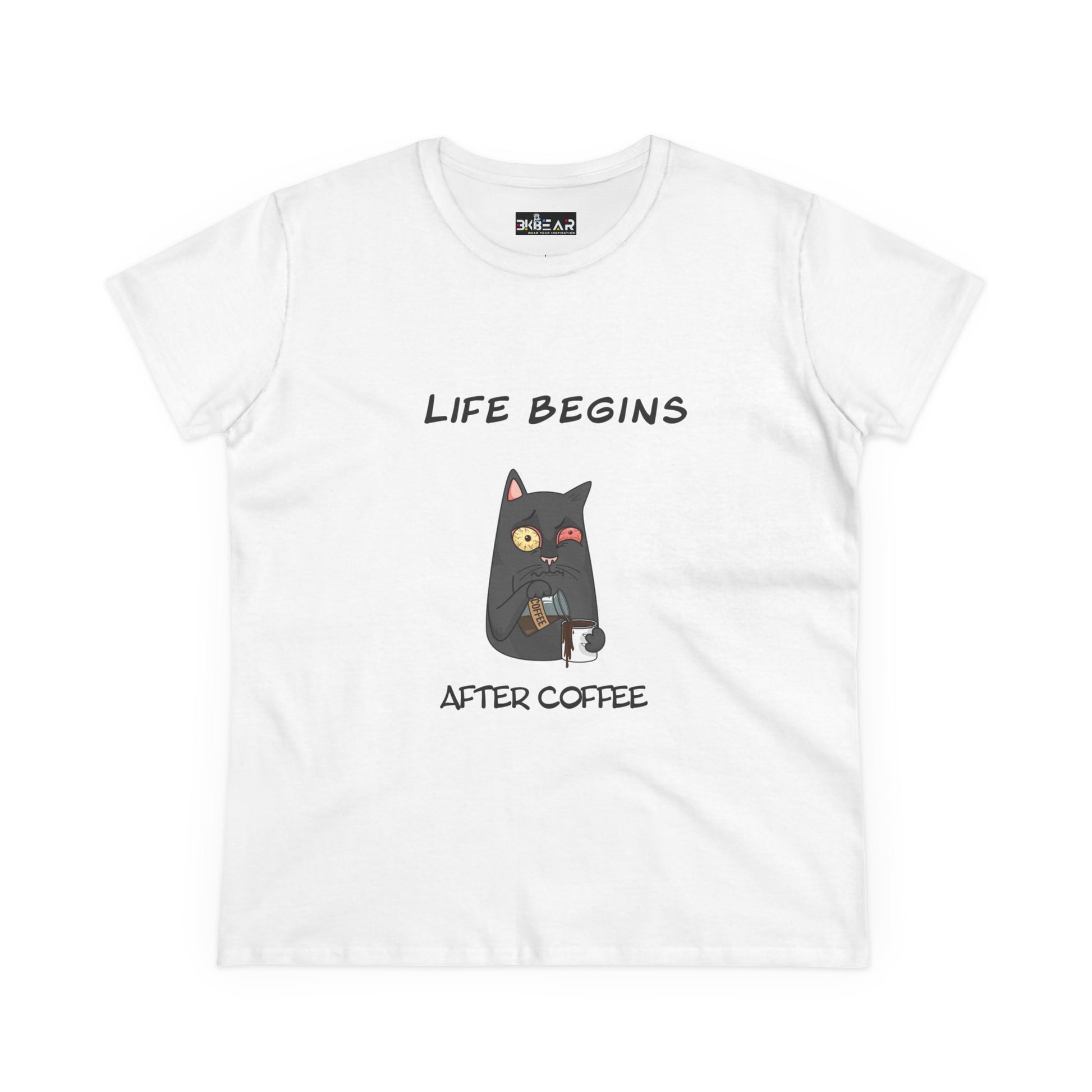 White Printify coffee cat t-shirt for women with cute black cat holding coffee cup graphic
