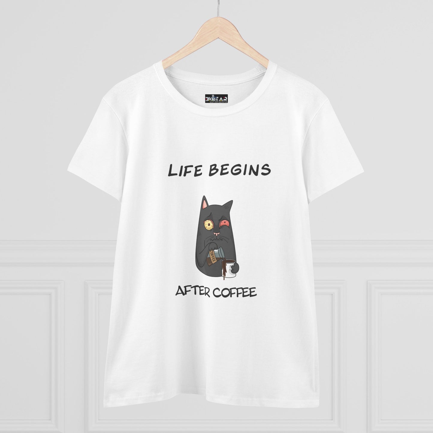 White Printify coffee cat t-shirt for women featuring a black cat holding coffee cup and text Life Begins After Coffee