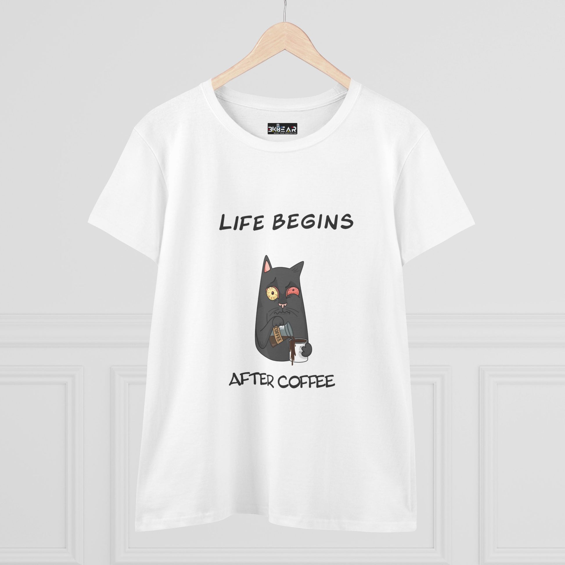 White Printify coffee cat t-shirt for women featuring a black cat holding coffee cup and text Life Begins After Coffee