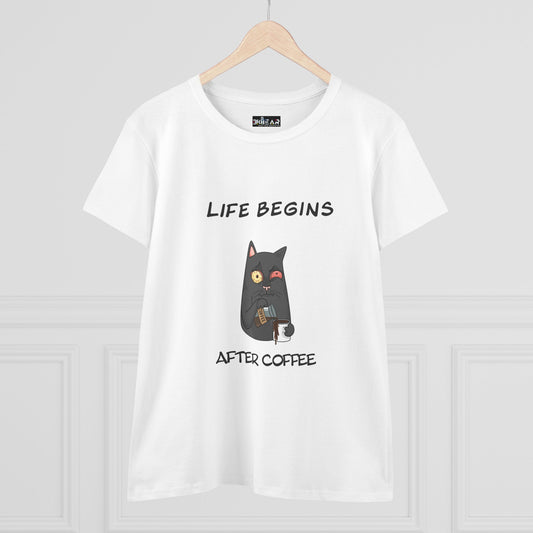 White Printify coffee cat t-shirt for women featuring a black cat holding coffee cup and text Life Begins After Coffee