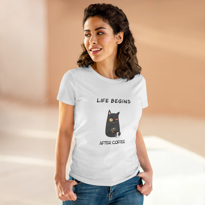 Printify coffee cat t-shirt for women featuring a black cat holding coffee with Life Begins After Coffee text