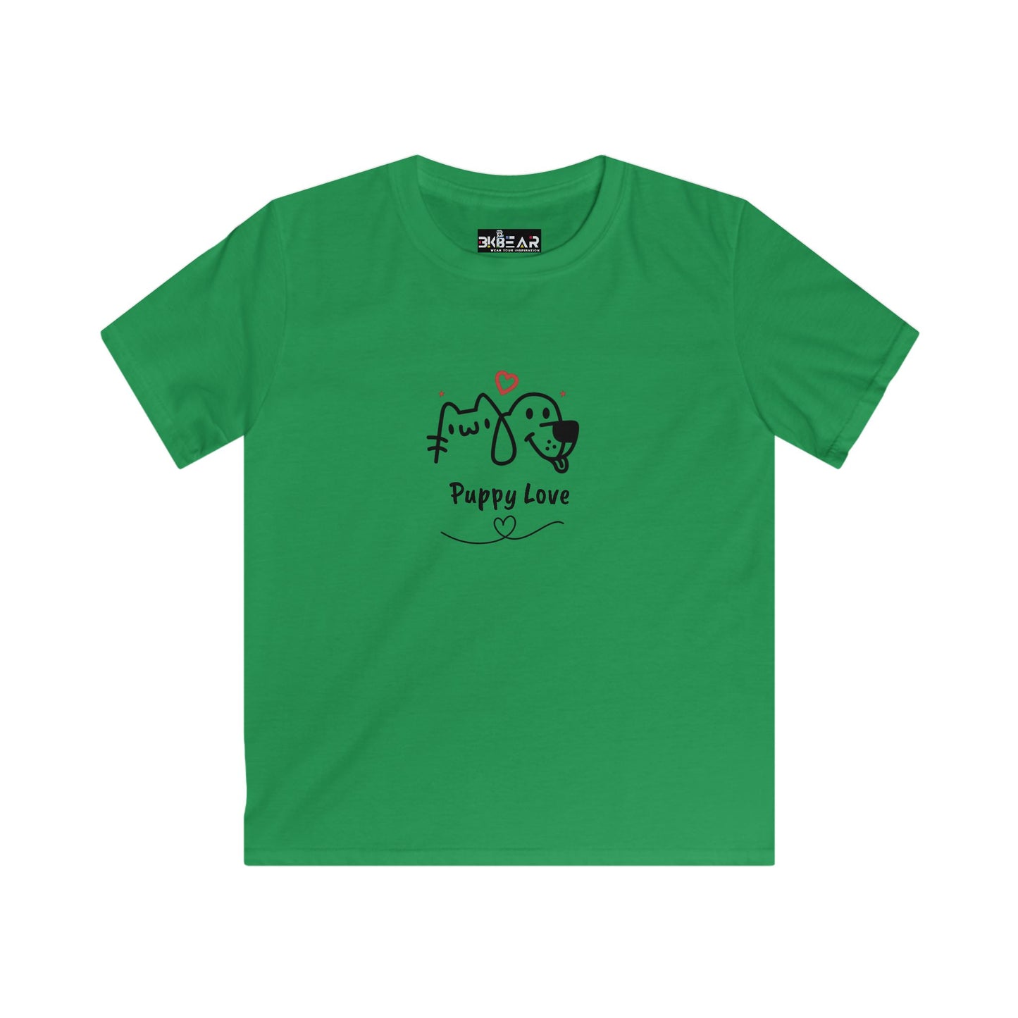 Green kids shirt with cute dog shirt for kids design featuring playful puppy and heart graphics