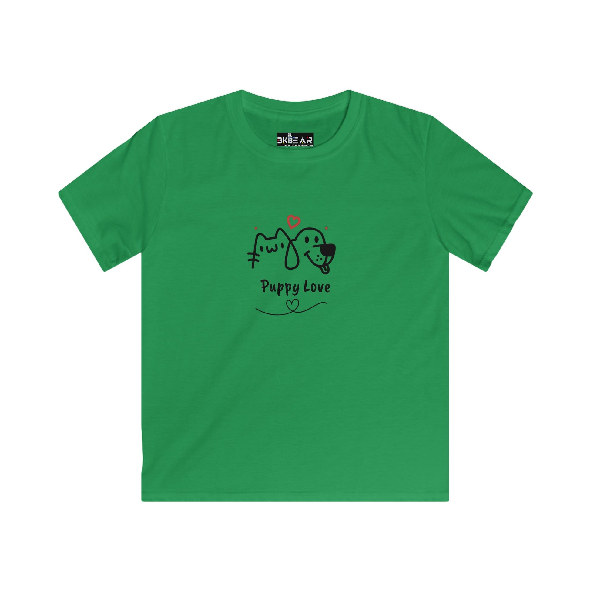Green kids shirt with cute dog shirt for kids design featuring playful puppy and heart graphics