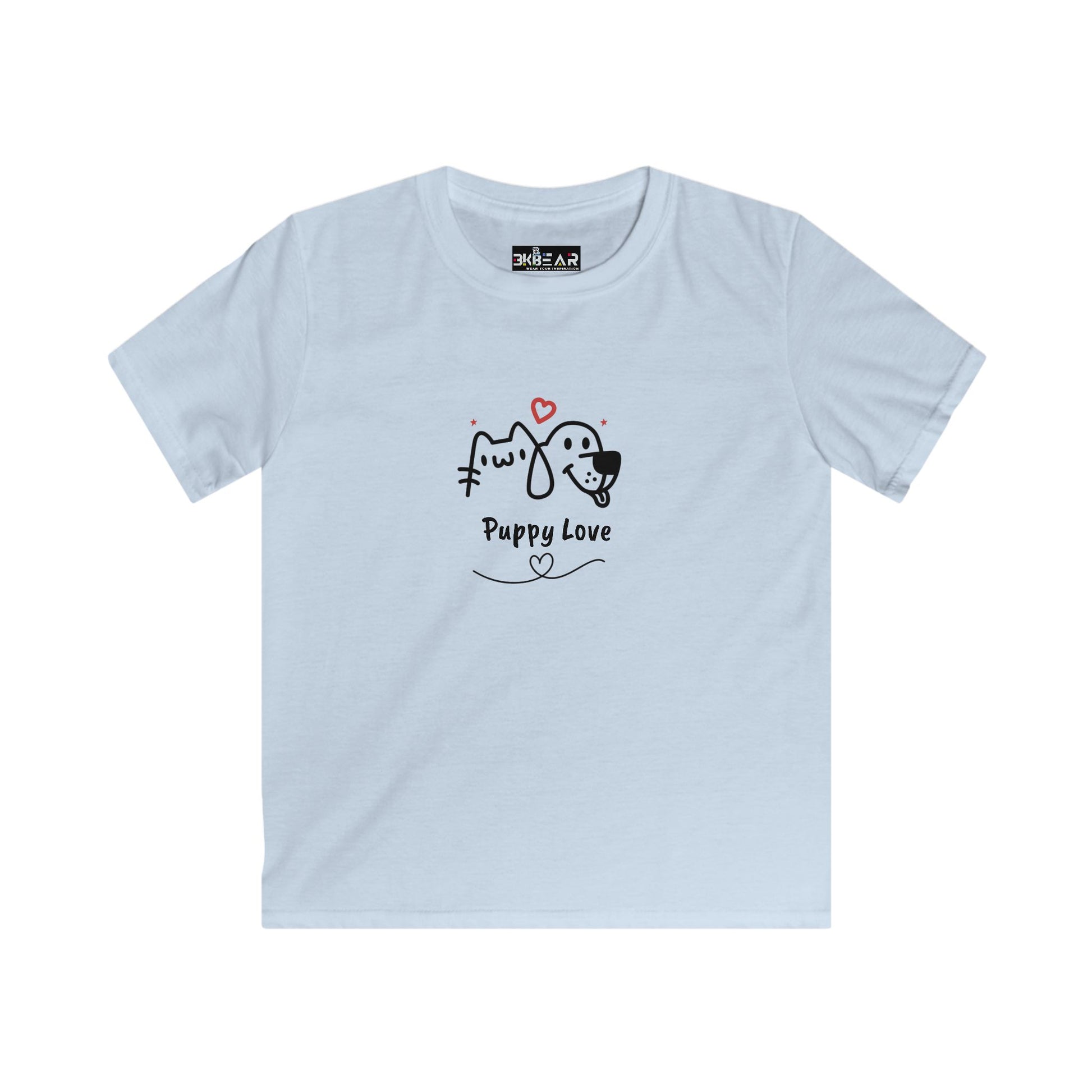 Light blue cute dog shirt for kids with puppy love graphic and heart design from Printify