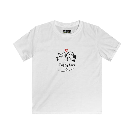 White cute dog shirt for kids with puppy love graphic and heart design by Printify
