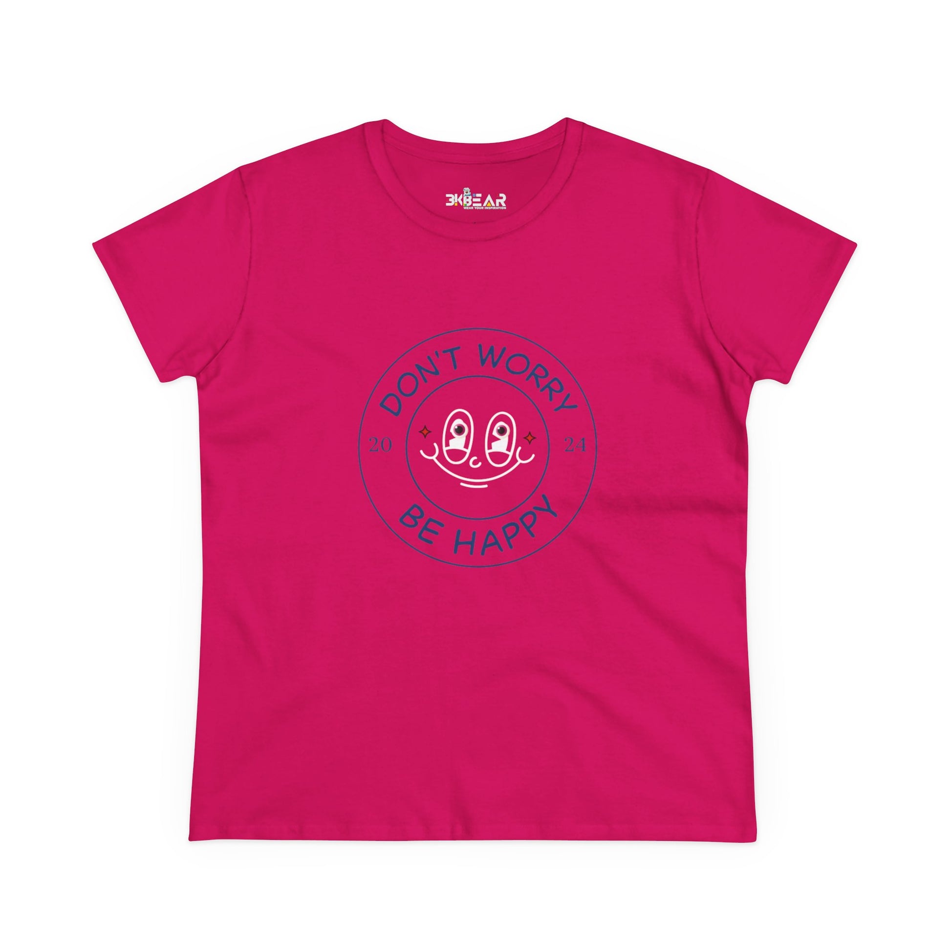 Pink don’t worry be happy t-shirt from Printify featuring a smiley face graphic and positive text