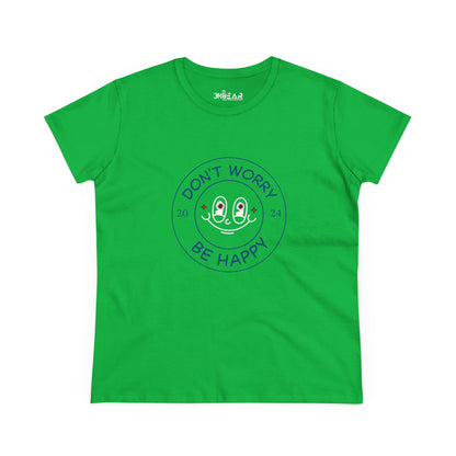 Green don’t worry be happy t-shirt with smiling face graphic from Printify