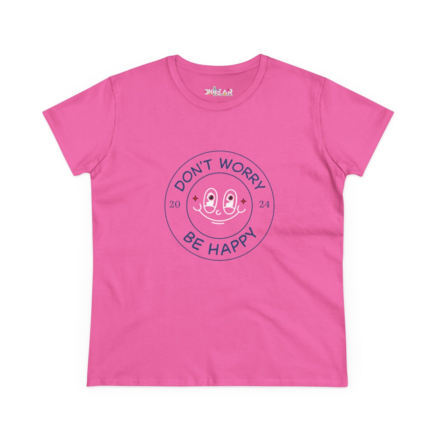 Pink don’t worry be happy t-shirt by Printify with smiley face graphic and short sleeves