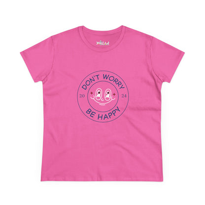 Pink don’t worry be happy t-shirt by Printify with smiley face graphic and short sleeves