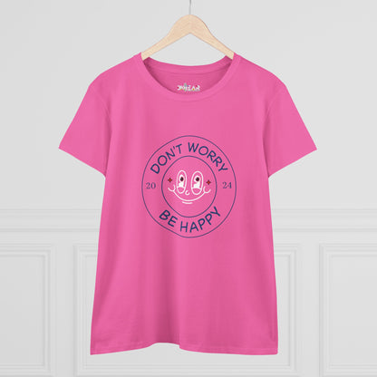 Pink Printify don’t worry be happy t-shirt with smiling face graphic on hanger