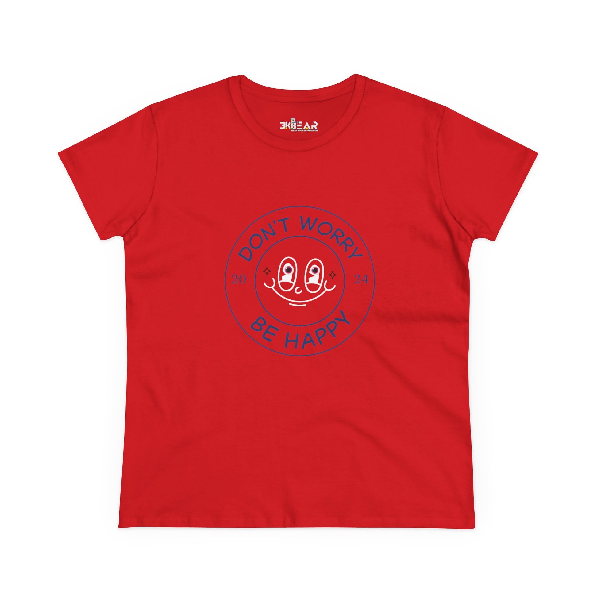 Red Printify don’t worry be happy t-shirt with a smiley face graphic and blue text
