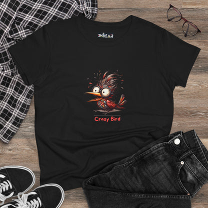 Black funny bird shirt women featuring a cartoon crazy bird graphic with red text on front