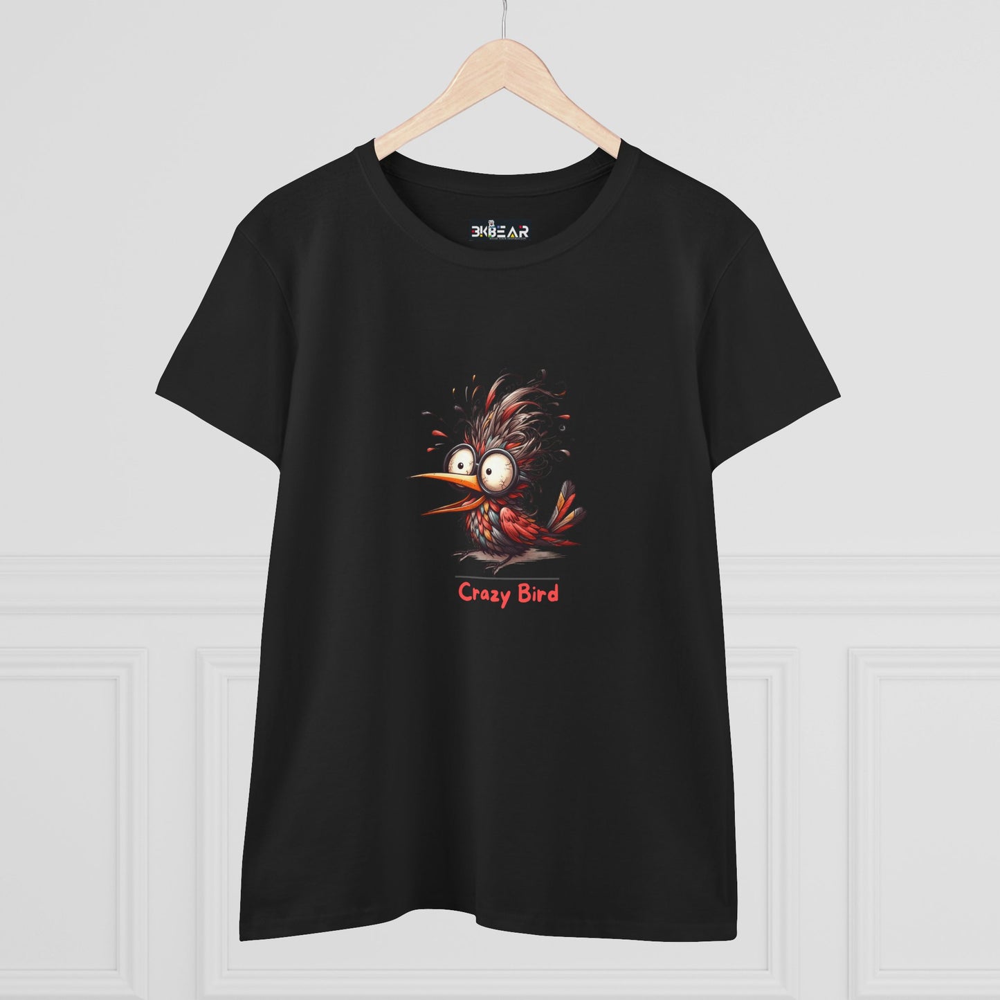 Black Printify T-shirt with funny bird shirt women design featuring a crazy cartoon bird graphic