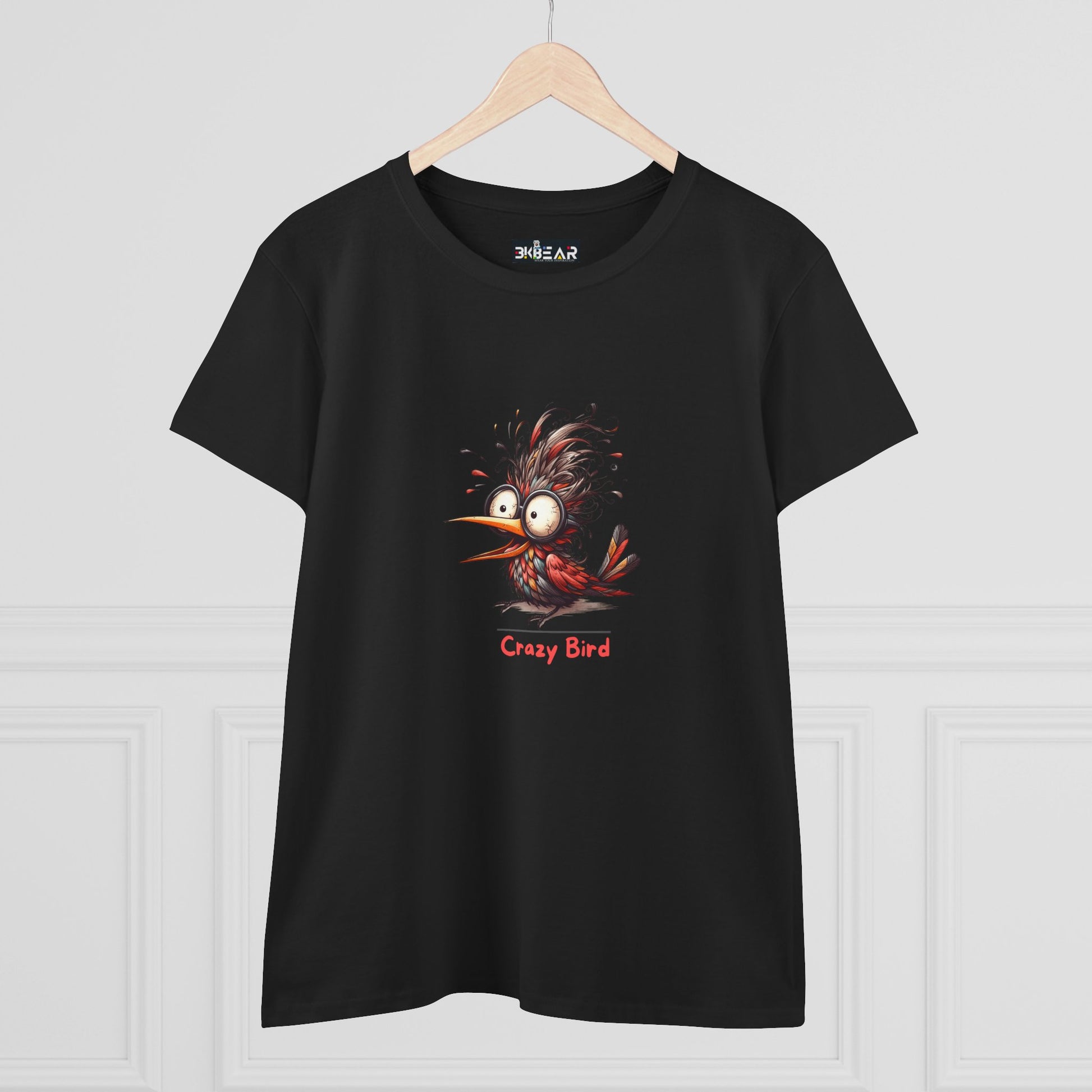 Black Printify T-shirt with funny bird shirt women design featuring a crazy cartoon bird graphic