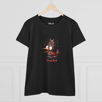 Black Printify T-shirt with funny bird shirt women design featuring a crazy cartoon bird graphic