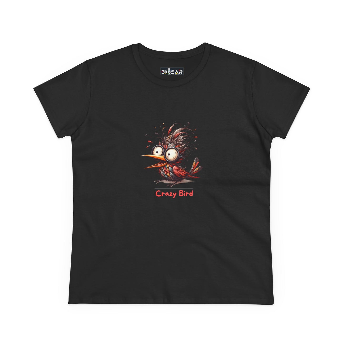 Black Printify funny bird shirt women with cartoon crazy bird graphic and red text design