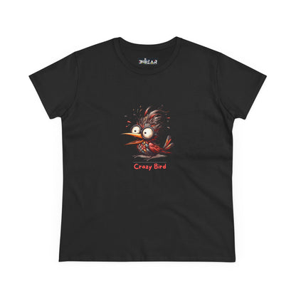 Black Printify funny bird shirt women with cartoon crazy bird graphic and red text design