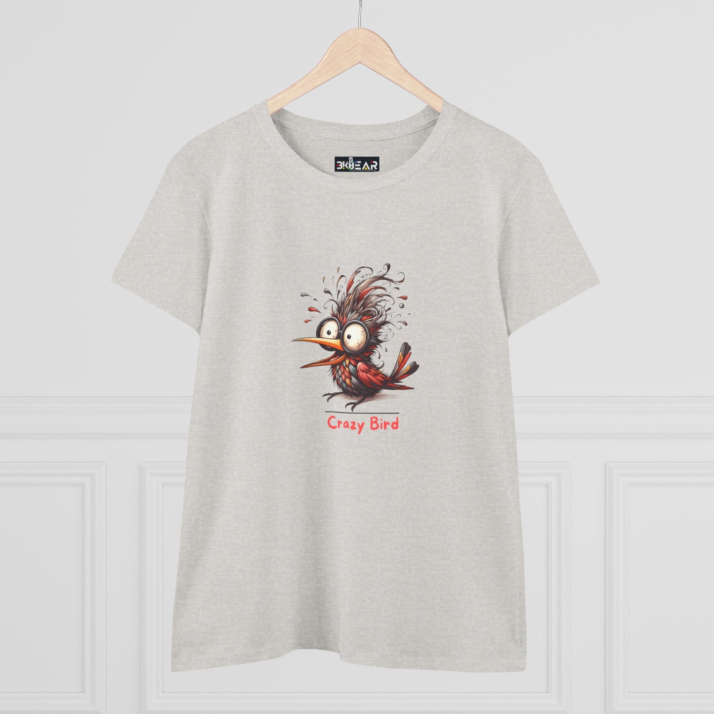 Printify funny bird shirt women with quirky cartoon crazy bird graphic on light gray fabric
