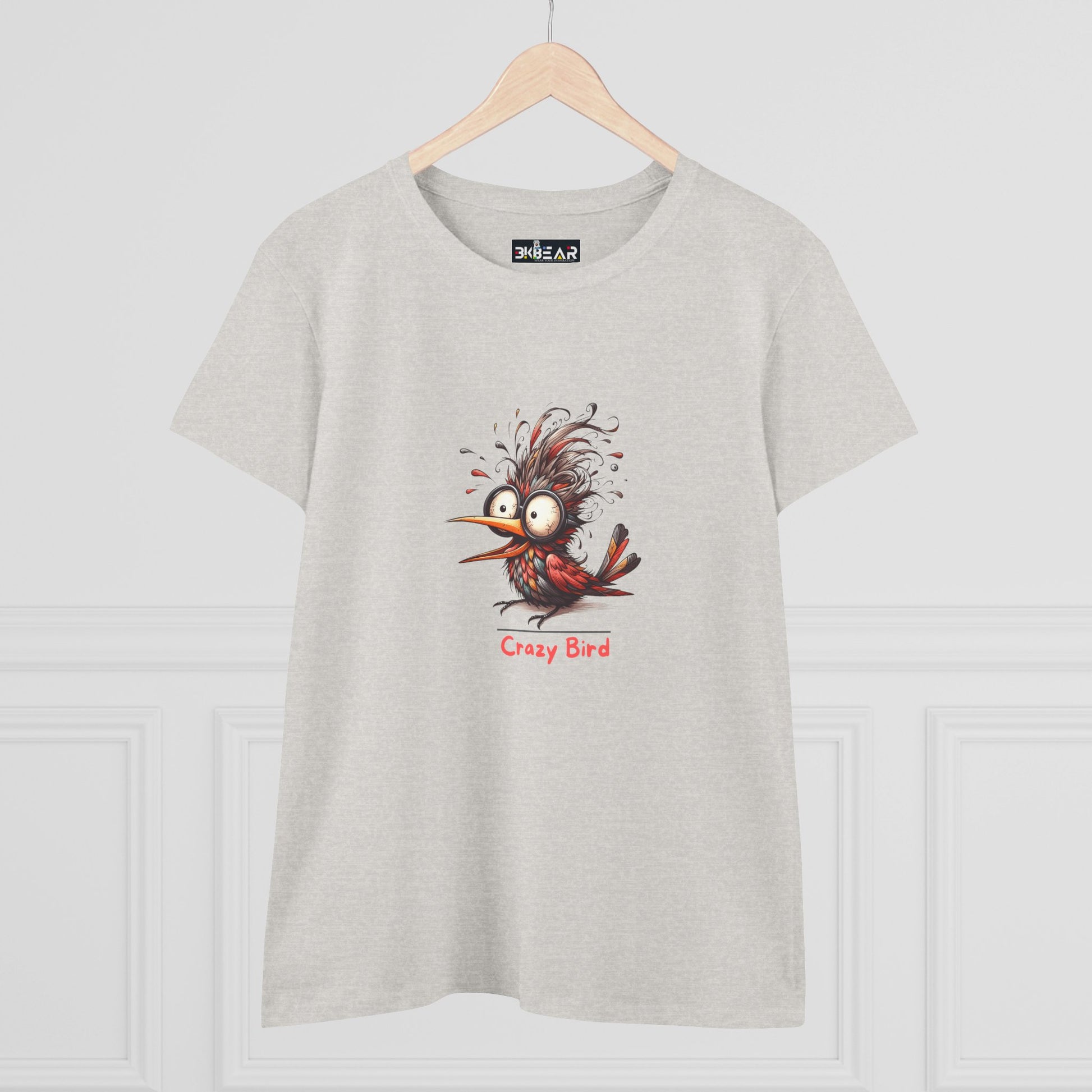 Printify funny bird shirt women with quirky cartoon crazy bird graphic on light gray fabric