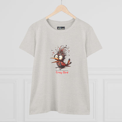 Printify funny bird shirt women with quirky cartoon crazy bird graphic on light gray fabric