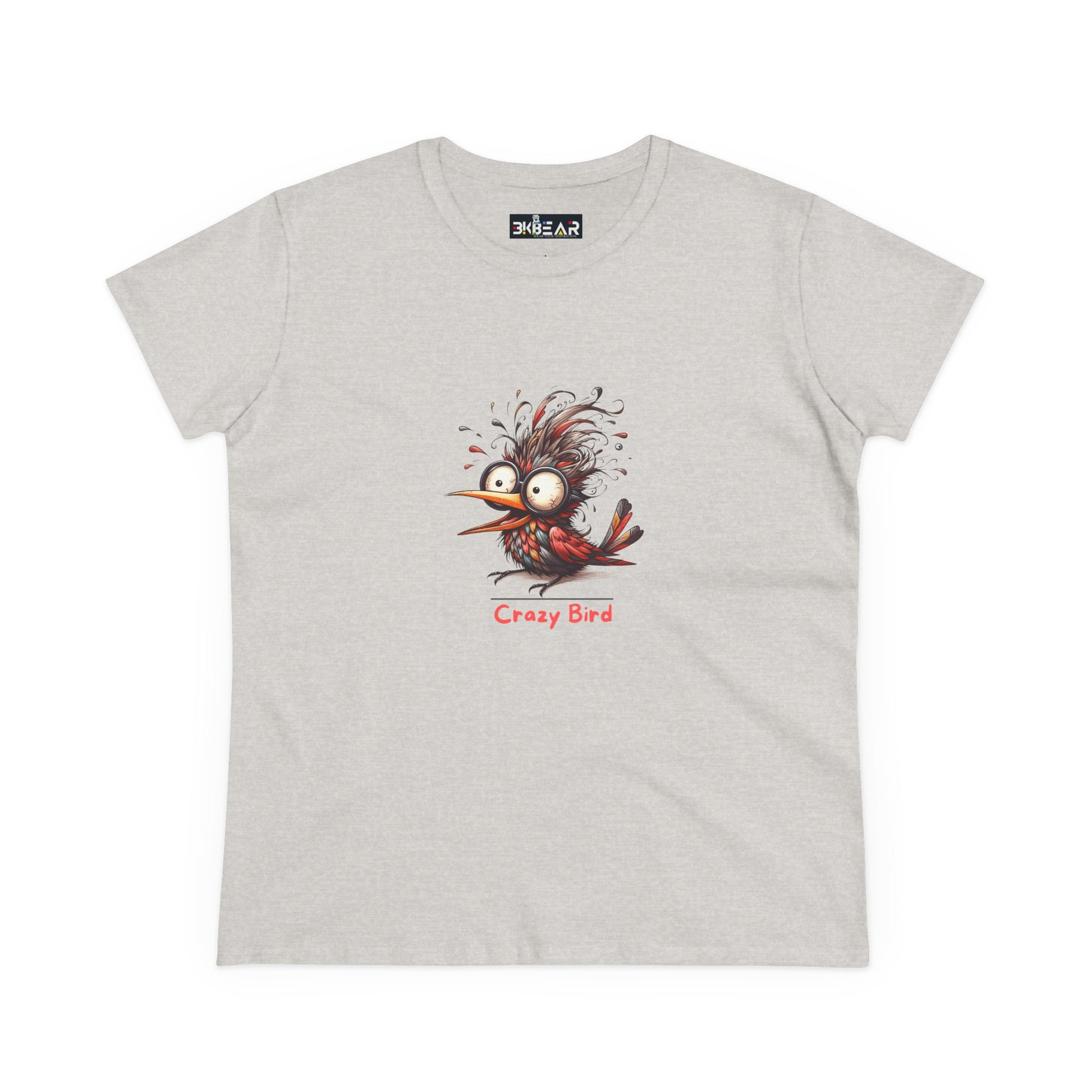 Printify funny bird shirt women with a quirky cartoon crazy bird graphic on light gray tee