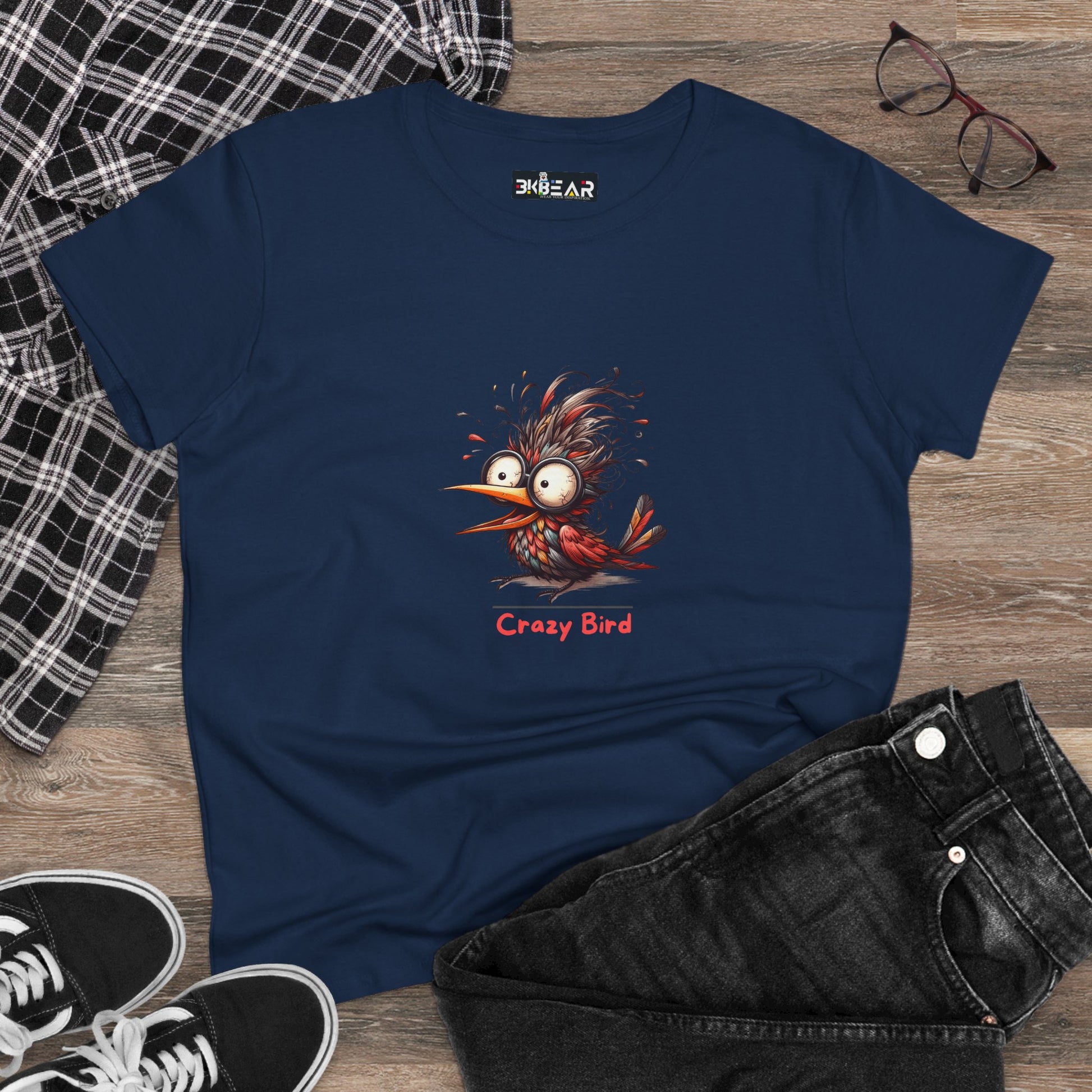 Funny bird shirt women featuring a crazy cartoon bird design on a navy blue t-shirt from Printify