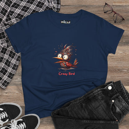 Funny bird shirt women featuring a crazy cartoon bird design on a navy blue t-shirt from Printify