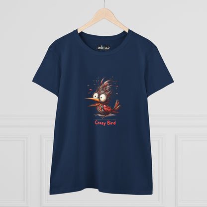 Navy funny bird shirt women featuring a cartoon crazy bird graphic on front