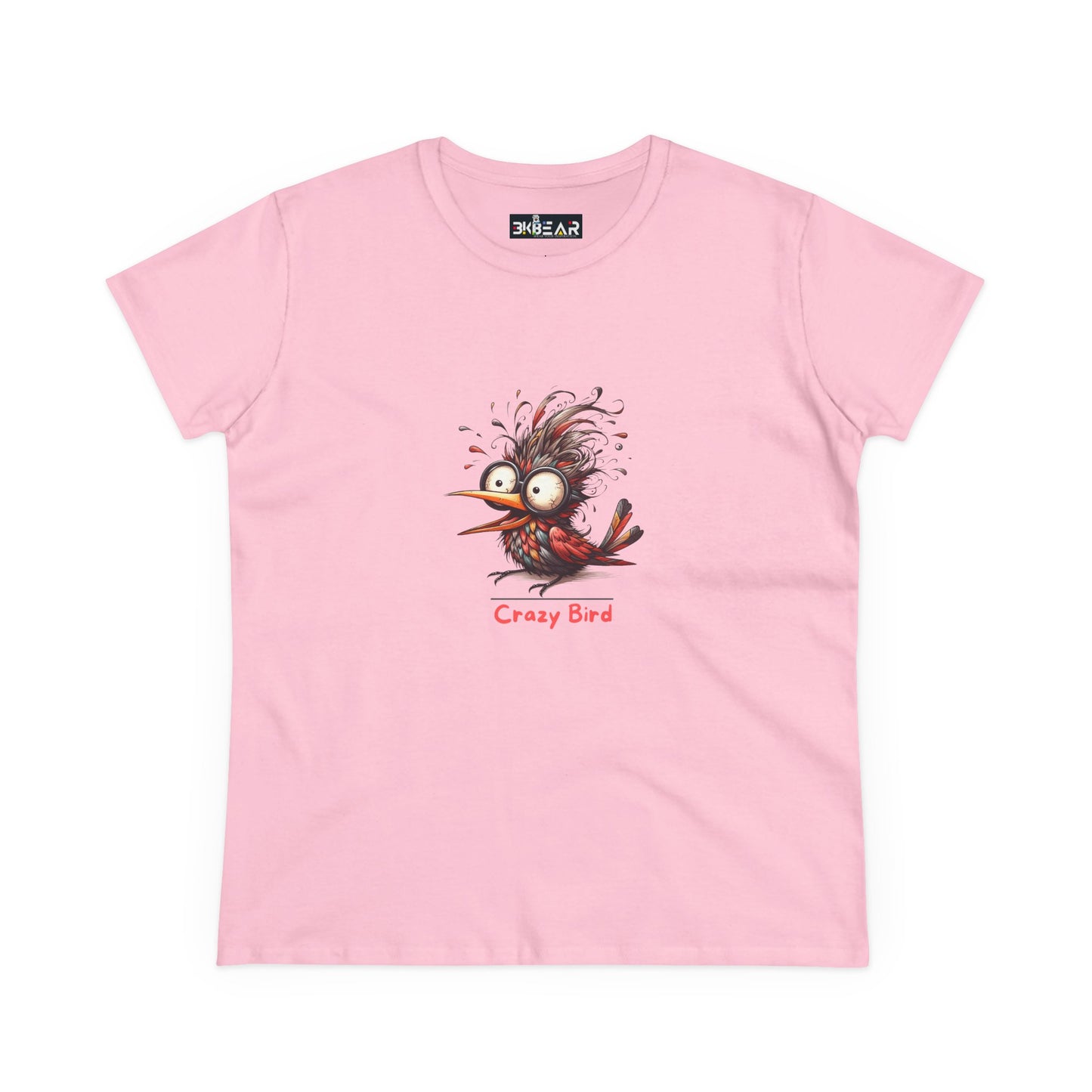 Pink funny bird shirt women with cartoon crazy bird graphic on front by Printify