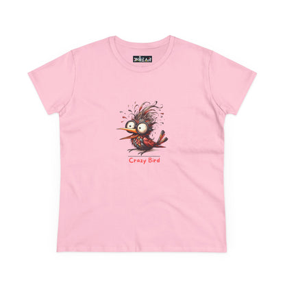 Pink funny bird shirt women with cartoon crazy bird graphic on front by Printify