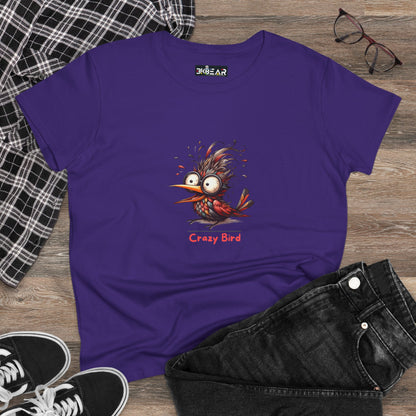Purple funny bird shirt women with cartoon crazy bird graphic and red text laid with black jeans and sneakers