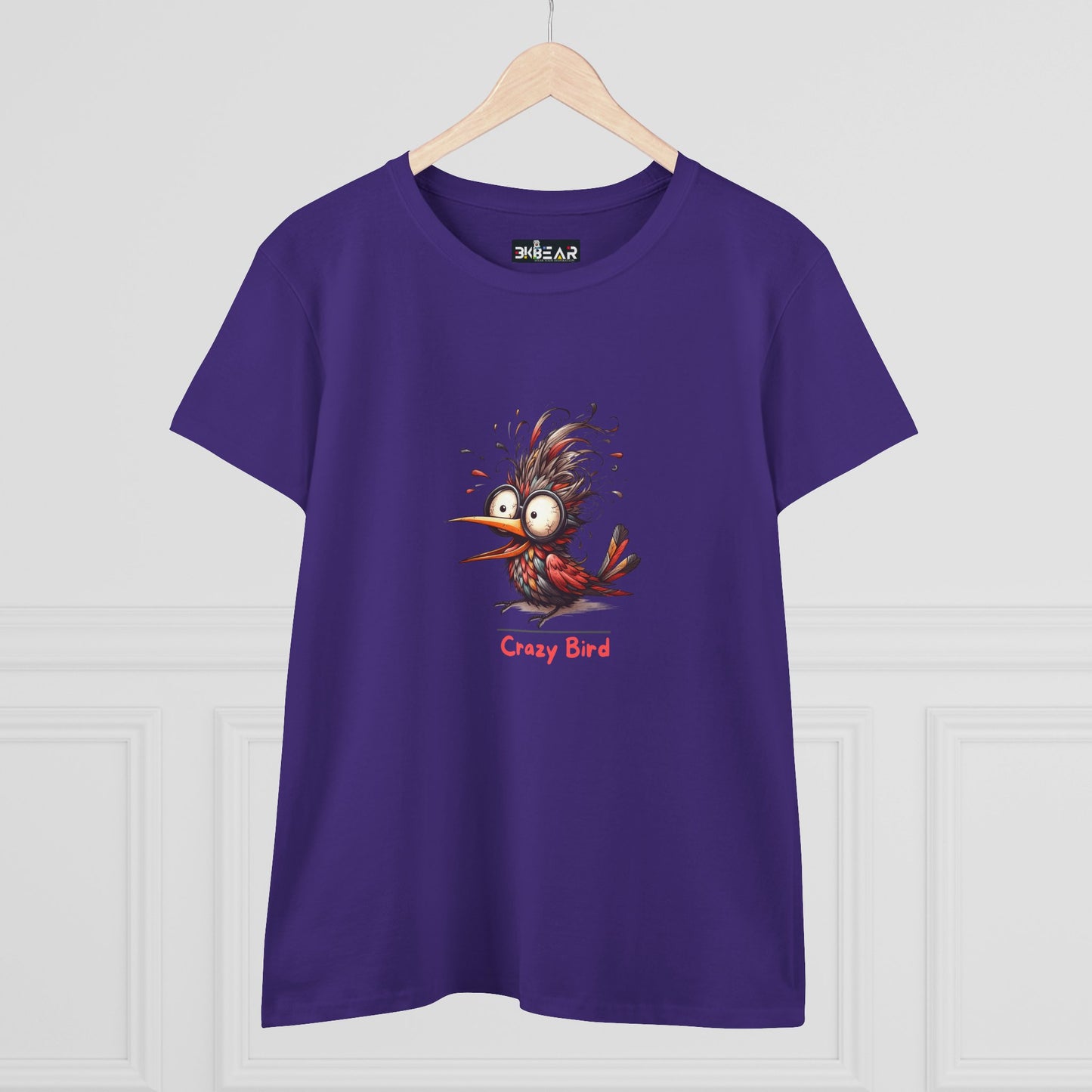 Purple Printify T-shirt featuring a cartoon crazy bird graphic with text crazy bird funny bird shirt women