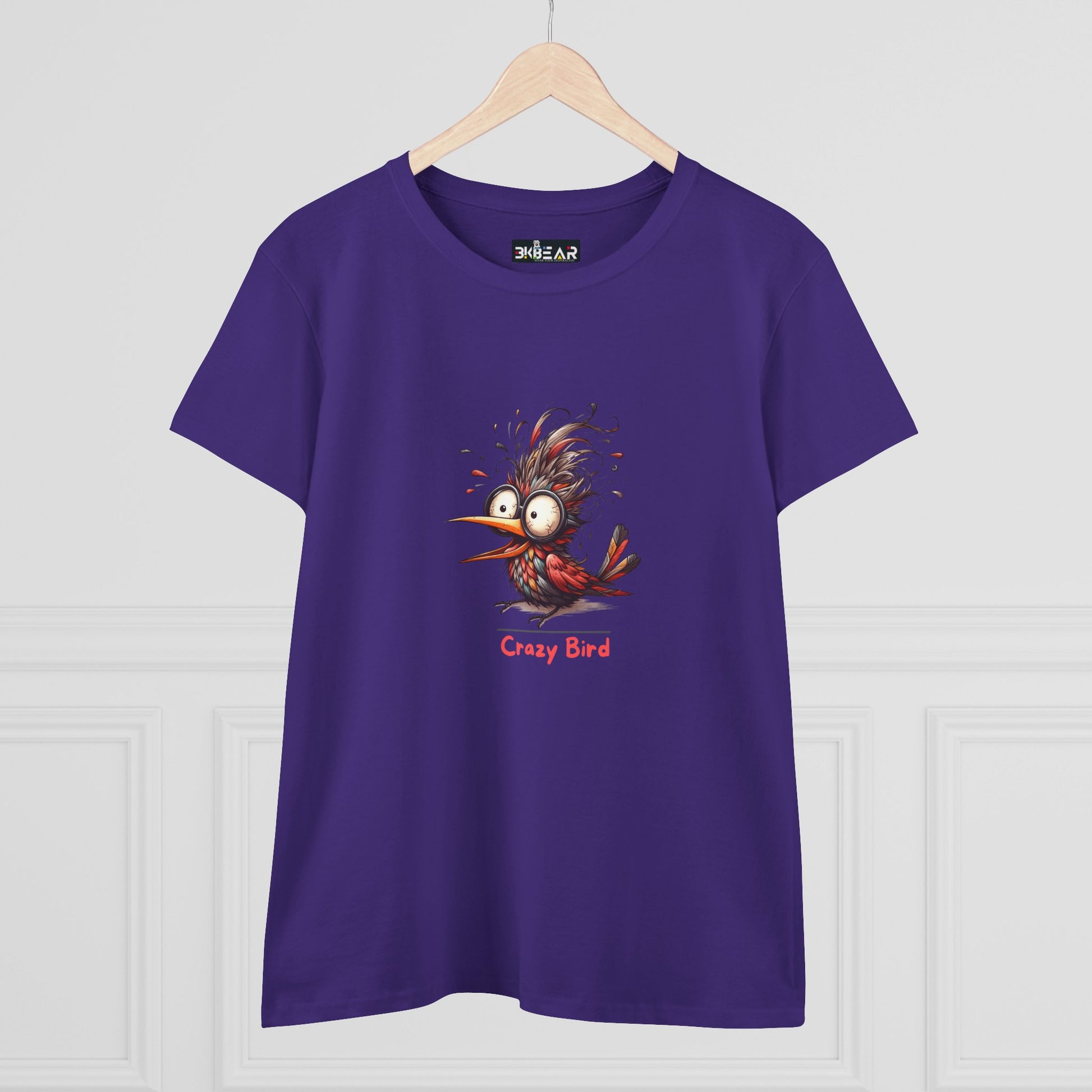 Purple Printify T-shirt featuring a cartoon crazy bird graphic with text crazy bird funny bird shirt women
