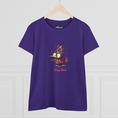Purple Printify T-shirt featuring a cartoon crazy bird graphic with text crazy bird funny bird shirt women