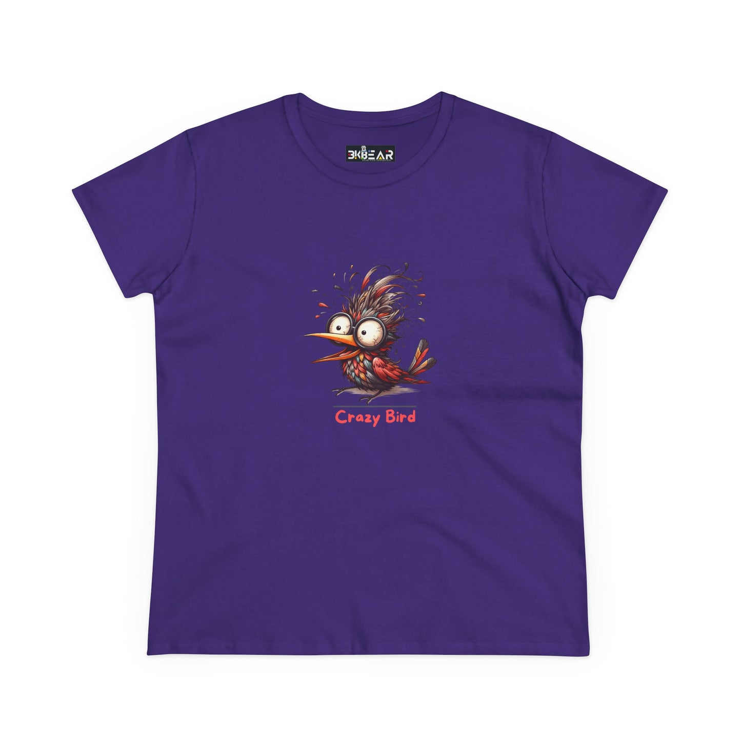 Purple funny bird shirt women with crazy cartoon bird design from Printify