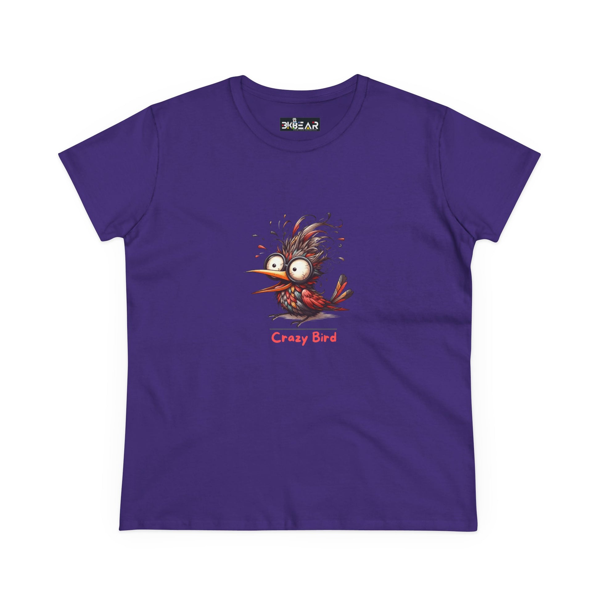 Purple funny bird shirt women with crazy cartoon bird design from Printify